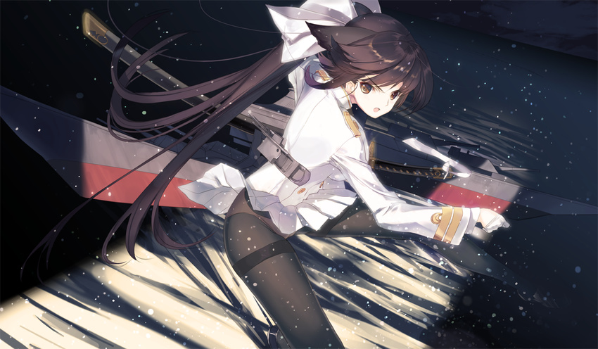 azur_lane bangs bow brown_eyes brown_hair commentary_request eyebrows_visible_through_hair gloves hair_bow holding katana long_hair long_sleeves looking_at_viewer machinery military military_uniform nakamura_takeshi open_mouth panties panties_under_pantyhose pantyhose pleated_skirt ponytail skirt skirt_lift solo sword takao_(azur_lane) underwear uniform weapon white_gloves white_skirt