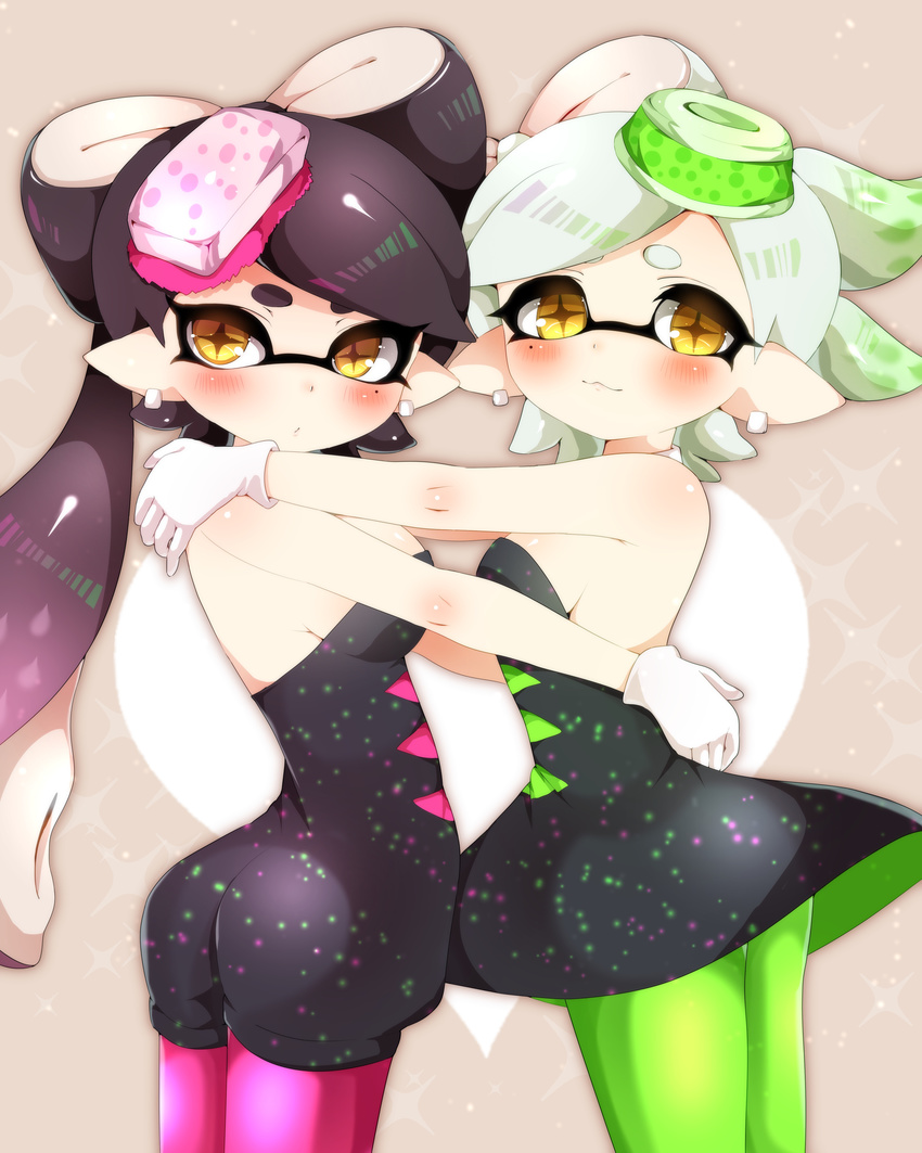 2017 absurd_res bare_shoulders blush callie_(splatoon) cephalopod clothing duo female gloves hi_res hug humanoid inkling marie_(splatoon) marine nintendo not_furry pointy_ears splatoon tentacle_hair tentacles video_games ももすい