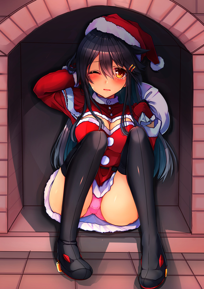 alternate_costume bag bangs black_hair black_legwear blush breasts capelet chimney cleavage cleavage_cutout commentary_request eyebrows_visible_through_hair fireplace gloves hair_between_eyes hair_ornament hand_behind_head haruna_(kantai_collection) hat highres holding holding_bag kantai_collection large_breasts long_hair looking_at_viewer one_eye_closed panties pantyshot pantyshot_(sitting) parted_lips pink_panties red_capelet red_gloves santa_costume santa_gloves santa_hat sitting solo tears thighhighs tsukui_kachou underwear yellow_eyes