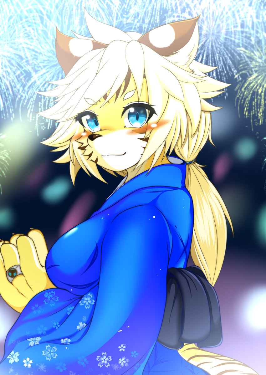 1girl animal_ears blue_eyes blue_kimono blush breasts claws eyebrows_visible_through_hair female fireworks from_side fullbokko_heroes furry hair_tie hands_together hands_up highres japanese_clothes kimono large_breasts long_sleeves megane_inu no_humans obi outdoors paws ponytail ring sash simple_background smile solo tied_hair upper_body zhang_fei_(fullbokko_heroes)
