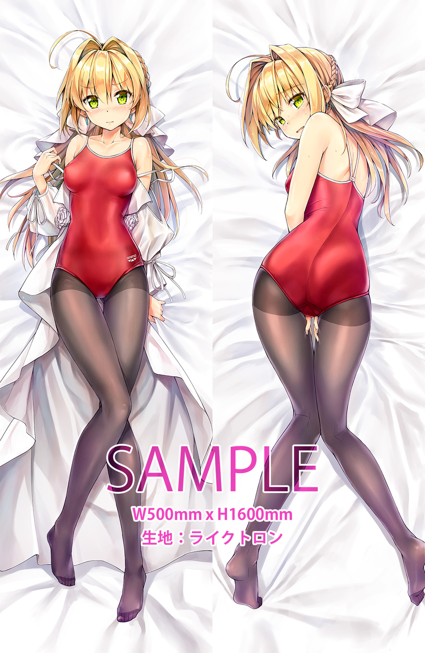 ahoge alternate_color_school_swimsuit arena_(company) ass bangs between_legs black_legwear blush bow braid brand_name_imitation breasts clothes_writing collarbone competition_school_swimsuit crown_braid dakimakura dress earrings embarrassed eyebrows_visible_through_hair fate/grand_order fate_(series) flower from_above from_behind hair_intakes hairband hand_between_legs highres jewelry kotatsu_(kotatsu358) long_hair looking_at_viewer looking_back lying messy_hair multiple_views nero_claudius_(fate)_(all) nero_claudius_(swimsuit_caster)_(fate) nose_blush on_back on_stomach one-piece_swimsuit open_mouth pantyhose pantyhose_under_swimsuit puffy_sleeves raised_eyebrows red_swimsuit rose sample school_swimsuit small_breasts strapless strapless_dress sweat swimsuit thigh_gap undressing wavy_mouth white_bow white_flower white_rose