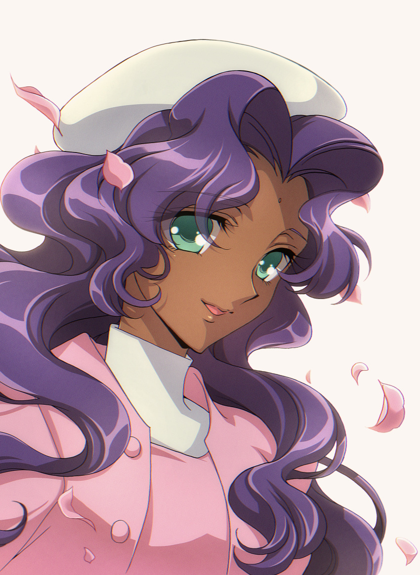 1girl :d absurdres bangs curly_hair dark-skinned_female dark_skin eyebrows_visible_through_hair green_eyes hair_between_eyes hair_intakes hat highres himemiya_anthy jogio381ooo long_hair purple_hair shiny shiny_hair shoujo_kakumei_utena simple_background smile solo upper_body white_background white_headwear