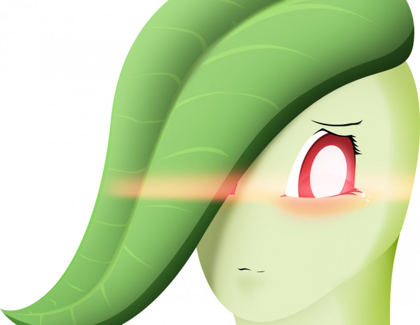 2018 blush chikorita close-up covered_eye female green_skin humanoid leaf nintendo owo pok&eacute;mon pok&eacute;mon_(species) red_eyes shy simple_background smile solo video_games wawor