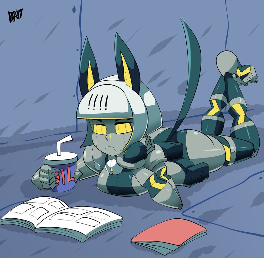 beverage bigdead93 book breasts butt female humanoid looking_at_viewer lying machine not_furry robo-fortune robot skullgirls solo yellow_eyes