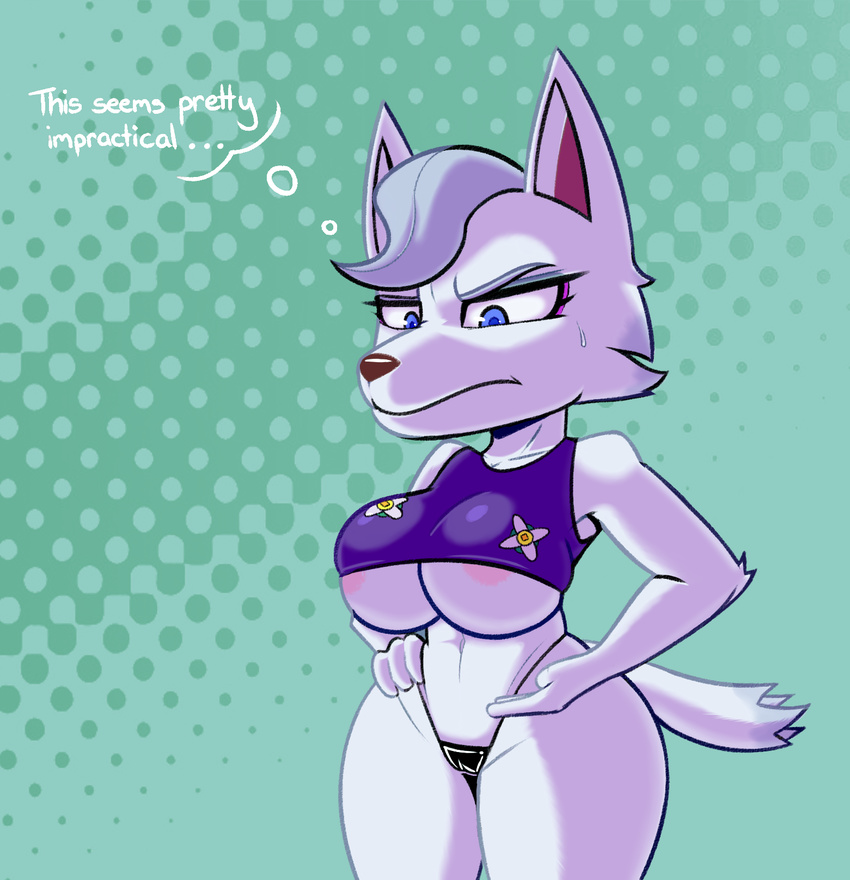 2017 animal_crossing anthro areola big_breasts blue_eyes breasts butt camel_toe canine clothed clothing digital_media_(artwork) english_text female freepancakes fur hair hi_res makeup mammal navel nintendo panties solo standing text tight_clothing under_boob underwear video_games white_fur whitney_(animal_crossing) wide_hips wolf