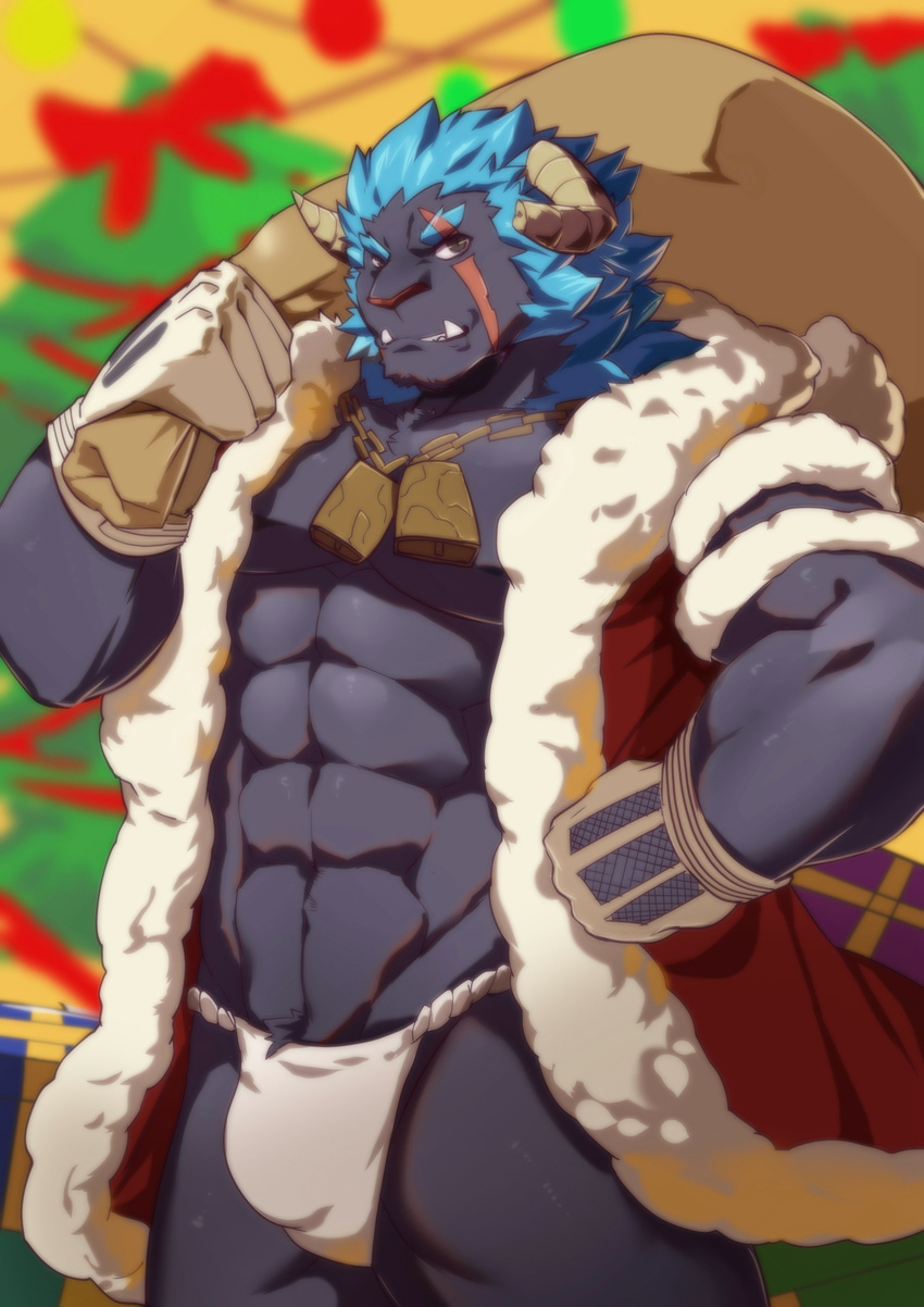 2017 abs anthro black_fur blue_hair broken_horn clothing digital_media_(artwork) feline fur hair hi_res horn krampus krampus_(housamo) lion littleblackalas male mammal muscular muscular_male pecs scar smile tokyo_afterschool_summoners