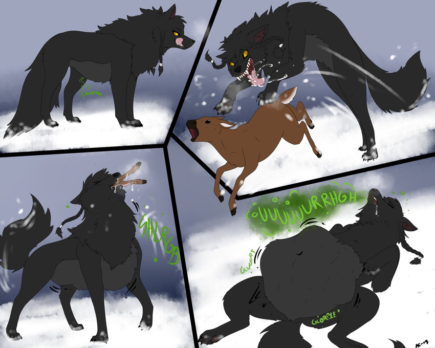 belly big_belly black_fur burping canine cervine comic deer digestion drooling duo female feral fur gamma_(pippuri) mammal navel oral_vore outside pippuri saliva sharp_teeth stomach_noises teeth tongue vore wolf