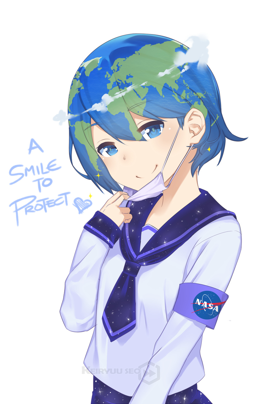 armband artist_name blue_eyes blue_hair cloud earth earth-chan english eyebrows_visible_through_hair green_hair hair_between_eyes heart highres long_sleeves looking_at_viewer meme multicolored_hair nasa_logo original paavuchi school_uniform serafuku short_hair smile solo sparkle starry_sky_print surgical_mask