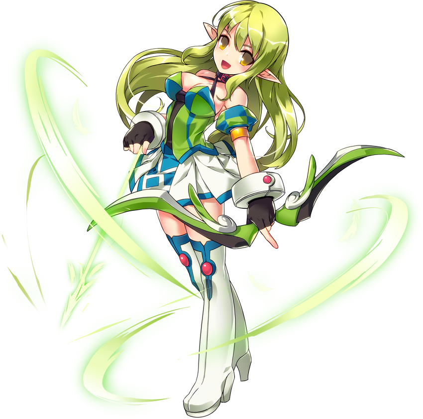 :d absurdres armlet arrow black_gloves boots bow_(weapon) breasts cleavage elsword full_body gloves green_eyes green_hair head_tilt highres holding holding_bow_(weapon) holding_weapon long_hair looking_at_viewer medium_breasts multicolored_shirt official_art open_mouth pointy_ears ranger_(elsword) rena_(elsword) ress skirt smile solo standing thigh_boots thighhighs transparent_background weapon white_footwear white_skirt zettai_ryouiki