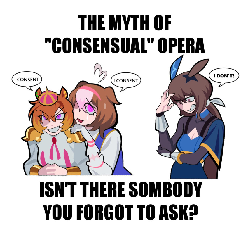 20years admire_vega_(umamusume) ahoge animal_ears crown english_text hand_on_another's_arm hands_on_another's_shoulders highres horse_ears horse_girl horse_tail looking_at_viewer meisho_doto_(umamusume) meme open_mouth orange_hair short_hair smile t.m._opera_o_(umamusume) tail teardrop the_myth_of_consensual_sex_(meme) umamusume