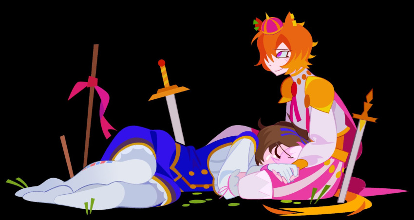 20years animal_ears black_background crown cygames ear_ornament ears_down grass highres horse_girl lap_pillow looking_afar lying_on_person meisho_doto_(blue/raging)_(umamusume) meisho_doto_(umamusume) mini_crown orange_tail sword t.m._opera_o_(o_sole_suo!)_(umamusume) t.m._opera_o_(umamusume) tears umamusume weapon