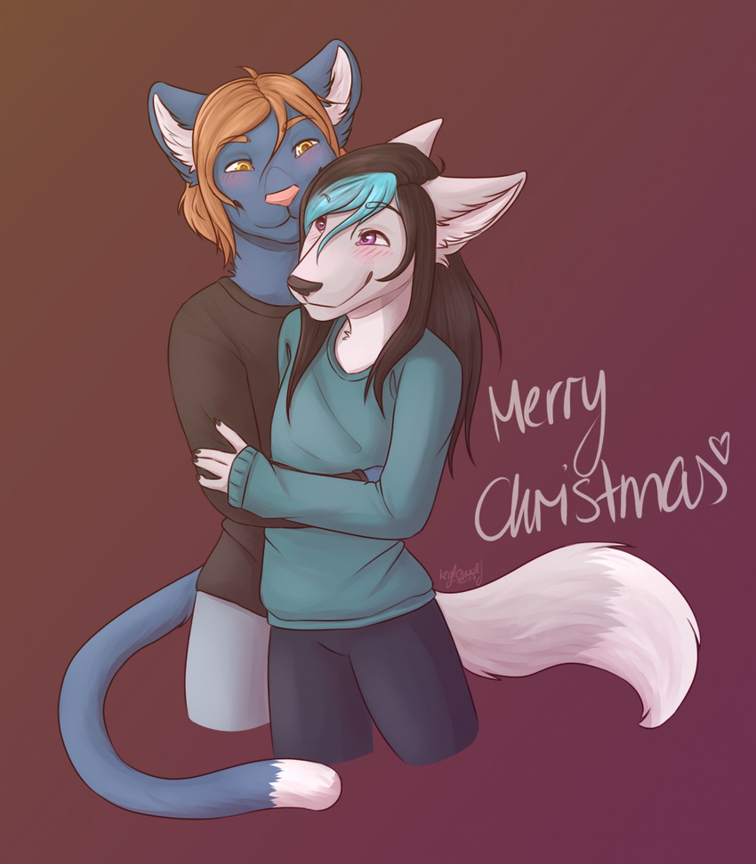 anthro blue_fur blush canine christmas clothed clothing digital_media_(artwork) dye feline fox fur hair hi_res holidays hug keylawolf long_hair mammal maxy_ruskiel panther ruze_(panther) shirt simple_background smile text white_fur