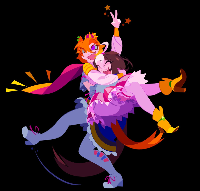20years ahoge animal_ears black_background bloomers cape carrying carrying_person crown ear_ornament ears_down highres horse_ears horse_girl horse_tail meisho_doto_(umamusume) mini_crown multicolored_hair no_lineart orange_hair orange_tail pink_cape pink_crown purple_eyes shoes t.m._opera_o_(o_sole_suo!)_(umamusume) t.m._opera_o_(umamusume) tail two-tone_hair two-tone_skirt umamusume v yellow_shoes