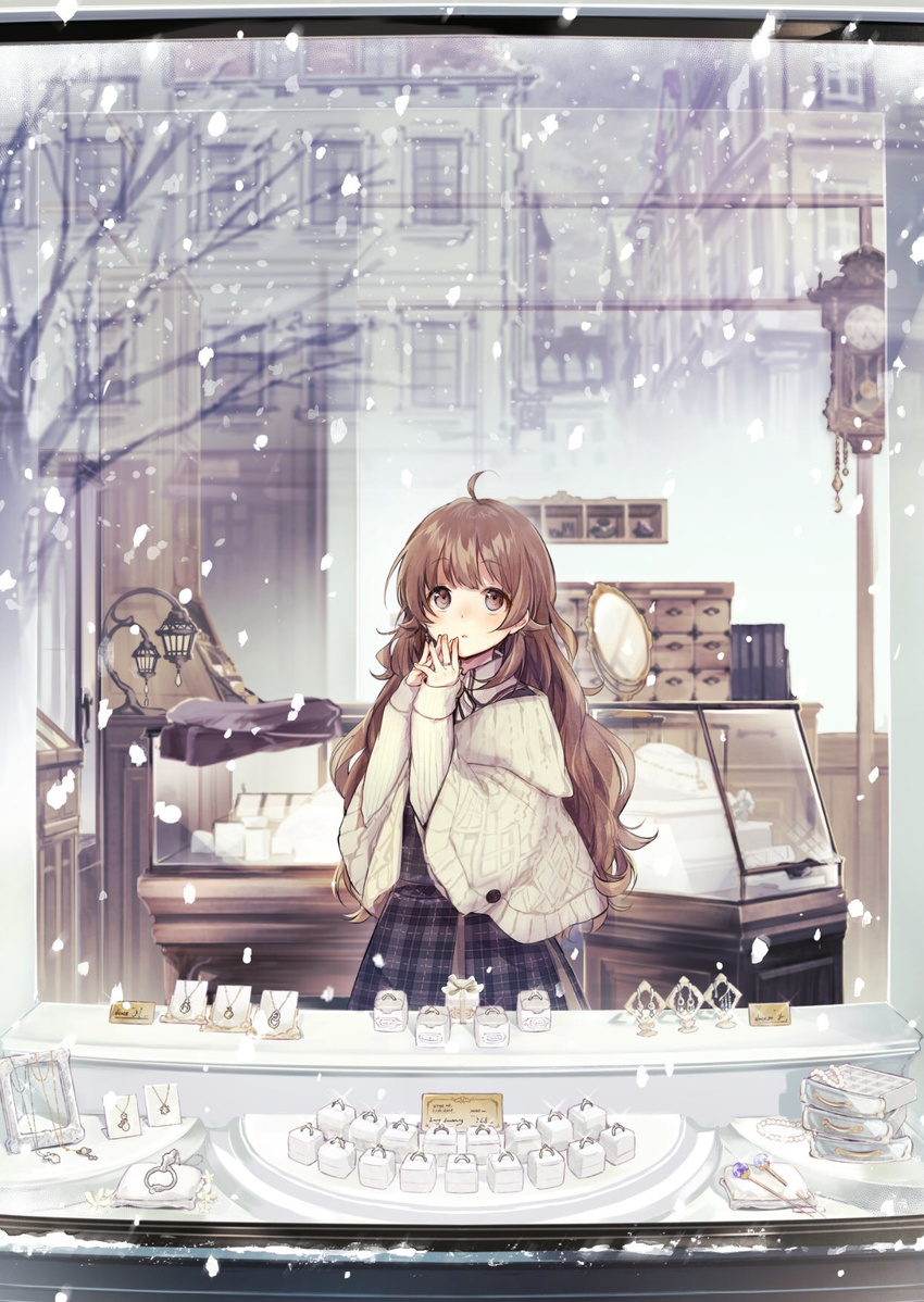 bead_necklace beads box brown_eyes brown_hair building clock cover cover_page display_case dress earrings gift gift_box hair_ornament hair_stick highres housekihaki_no_onnanoko jewelry jewelry_box kei_(k_tmr) long_hair long_sleeves mirror neck_ribbon necklace novel_cover official_art own_hands_together pendulum_clock plaid plaid_dress reflection ribbon ring shawl shop sleeves_past_wrists snowing solo sparkle storefront tree wall_clock wavy_hair window winter