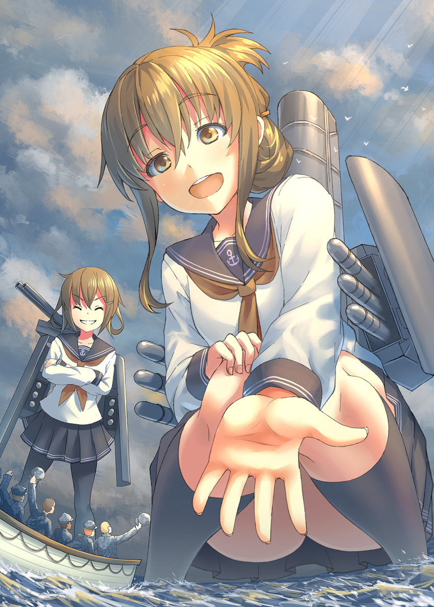 5boys bird black_legwear blue_skirt brown_hair closed_eyes cloud commentary_request folded_ponytail from_below giantess hair_ornament hairclip highres ikazuchi_(kantai_collection) inazuma_(kantai_collection) kantai_collection kuro_oolong long_hair long_sleeves multiple_boys multiple_girls ocean open_mouth outdoors pantyhose pleated_skirt reaching_out rigging rowboat sailor sailor_collar school_uniform serafuku size_difference skirt sky smile smokestack socks standing standing_on_liquid striped striped_skirt sunlight torpedo_tubes turret