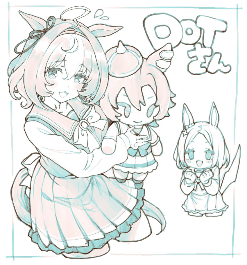 2girls absurdres ahoge animal_ears blush bow bowtie character_doll cropped_legs crown deformed doll highres holding holding_doll horse_ears horse_girl horse_tail limited_palette meisho_doto_(umamusume) mini_crown multiple_girls narita_top_road_(umamusume) nosir_onadat open_mouth sailor_collar sailor_shirt school_uniform shirt short_hair skirt t.m._opera_o_(umamusume) tail tracen_school_uniform umamusume umamusume:_road_to_the_top