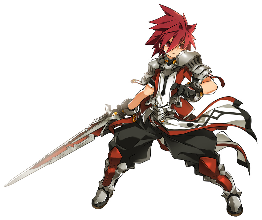 absurdres armor black_gloves black_pants boots closed_mouth elsword elsword_(character) full_body gloves highres holding holding_sword holding_weapon knee_boots looking_to_the_side lord_knight_(elsword) male_focus metal_boots official_art pants pauldrons red_eyes red_hair ress serious solo spiked_hair standing surcoat sword transparent_background weapon