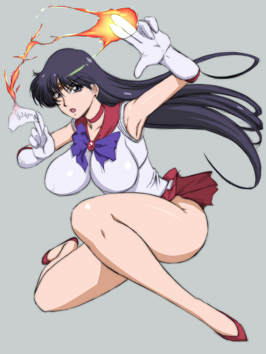 armpits bad_anatomy bishoujo_senshi_sailor_moon black_hair bow bowtie breasts collarbone fire gem grey_background groin high_heels highres hino_rei large_breasts lento_(glamour_works) long_hair miniskirt ofuda open_mouth pleated_skirt purple_bow purple_bowtie purple_eyes pyrokinesis red_brooch red_gemstone red_shoes red_skirt sailor_mars shoes simple_background skin_tight skirt swept_bangs thick_thighs thighs