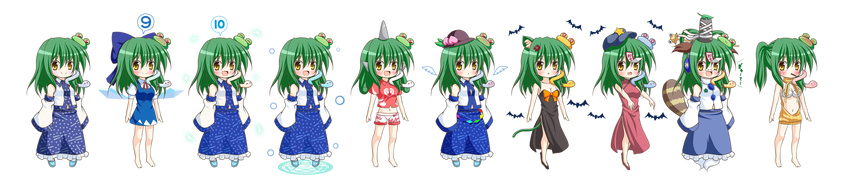 1girl angry animal_ears bare_shoulders bat black_dress breasts cat_ears cat_tail chibi cirno cirno_(cosplay) cleavage cosplay detached_sleeves dress earmuffs expressive_clothes food frog_hair_ornament fruit full_body fusion futatsuiwa_mamizou futatsuiwa_mamizou_(cosplay) ghost_tail glasses green_hair hair_ornament hair_rings hair_stick hat highres hinanawi_tenshi hinanawi_tenshi_(cosplay) horn kaku_seiga kaku_seiga_(cosplay) kasodani_kyouko kasodani_kyouko_(cosplay) kochiya_sanae leaf leaf_on_head long_hair long_image meme_attire miyako_yoshika miyako_yoshika_(cosplay) mononobe_no_futo mononobe_no_futo_(cosplay) multiple_girls navel ofuda open_mouth osashin_(osada) outstretched_arms peach pince-nez pocky pyonta raccoon_tail shorts skirt small_breasts smile snake_hair_ornament soga_no_tojiko soga_no_tojiko_(cosplay) star tail tate_eboshi touhou transparent_background virgin_killer_sweater wide_image wings yellow_eyes zombie_pose