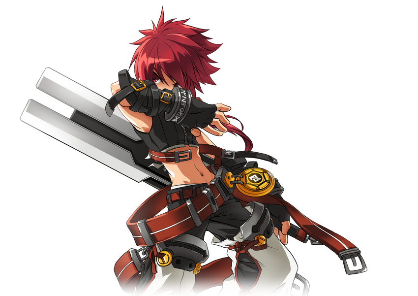 absurdres belt black_gloves black_pants buckle chaps cowboy_shot elsword elsword_(character) fingerless_gloves gloves highres holding holding_sword holding_weapon left-handed long_hair looking_at_viewer male_focus midriff navel official_art pants ponytail red_eyes red_hair ress reverse_grip rune_slayer_(elsword) solo sword transparent_background weapon