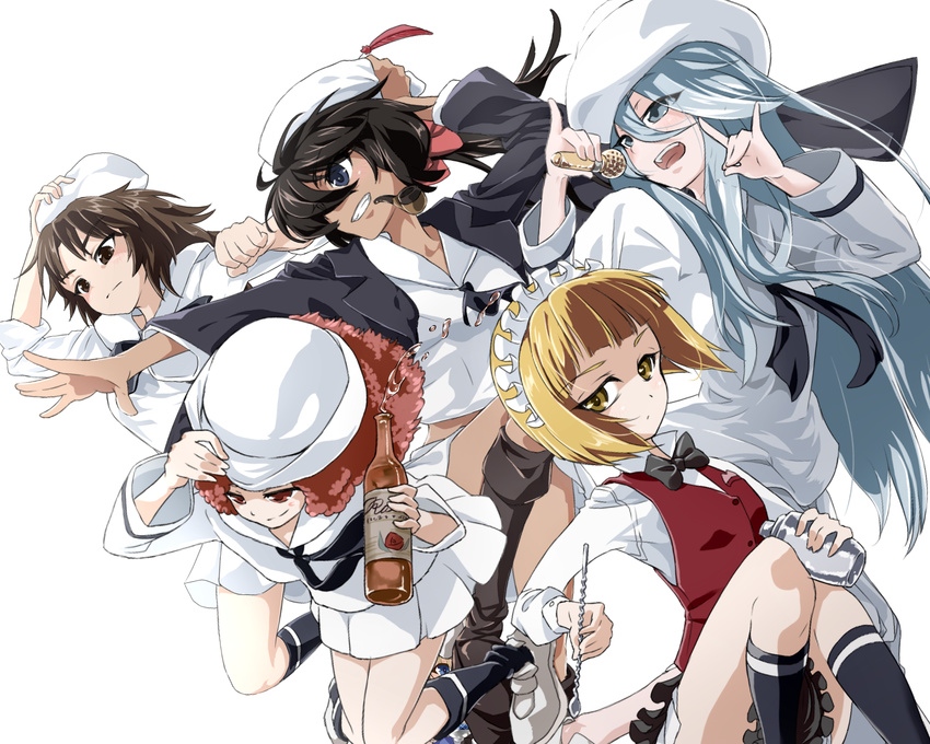 apron bangs black_apron black_eyes black_footwear black_hair black_jacket black_legwear black_neckwear blonde_hair blouse blunt_bangs boots bottle bow bowtie brown_eyes character_name closed_mouth cocktail_shaker commentary_request curly_hair cutlass_(girls_und_panzer) dark_skin dixie_cup_hat eyebrows_visible_through_hair flint_(girls_und_panzer) fox_shadow_puppet girls_und_panzer grey_eyes grey_hair grin hair_bow hair_over_one_eye hand_on_headwear hat highres holding holding_microphone jacket jacket_on_shoulders kanji katakana leg_up legs light_frown liquor loafers long_hair long_skirt long_sleeves looking_at_viewer maid_headdress md5_mismatch microphone midriff military_hat miniskirt multiple_girls murakami_(girls_und_panzer) navel neckerchief ogin_(girls_und_panzer) ooarai_naval_school_uniform pinky_out pipe pleated_skirt ponytail red_bow red_eyes red_hair red_vest rum_(girls_und_panzer) sailor sazanka school_uniform serafuku shaker shirt shoes short_hair simple_background sitting skirt sleeves_rolled_up smile socks spoon squatting standing standing_on_one_leg stirrer thighs vest waist_apron white_background white_blouse white_footwear white_hat white_shirt white_skirt