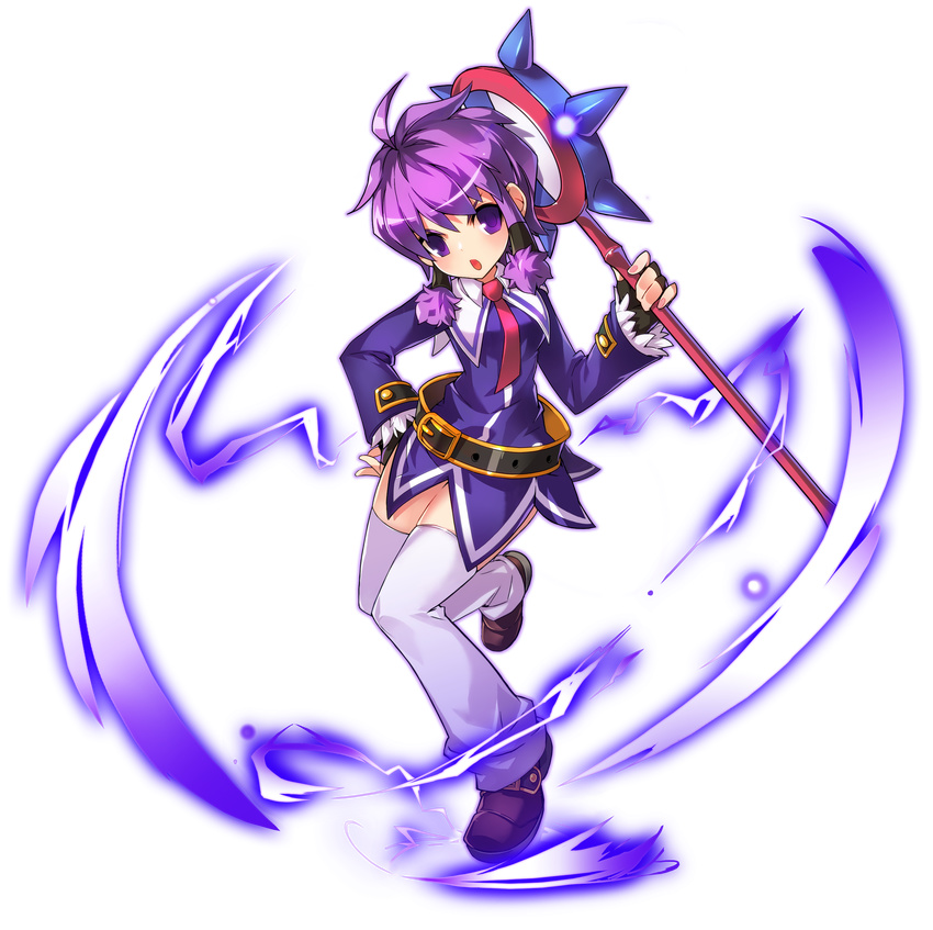 :o absurdres aisha_(elsword) belt brown_footwear dress elsword full_body hair_tubes hand_on_hip highres holding holding_staff looking_at_viewer magic magician_(elsword) necktie official_art open_mouth purple_dress purple_eyes purple_hair red_neckwear ress shoes short_hair solo staff thighhighs transparent_background white_legwear zettai_ryouiki