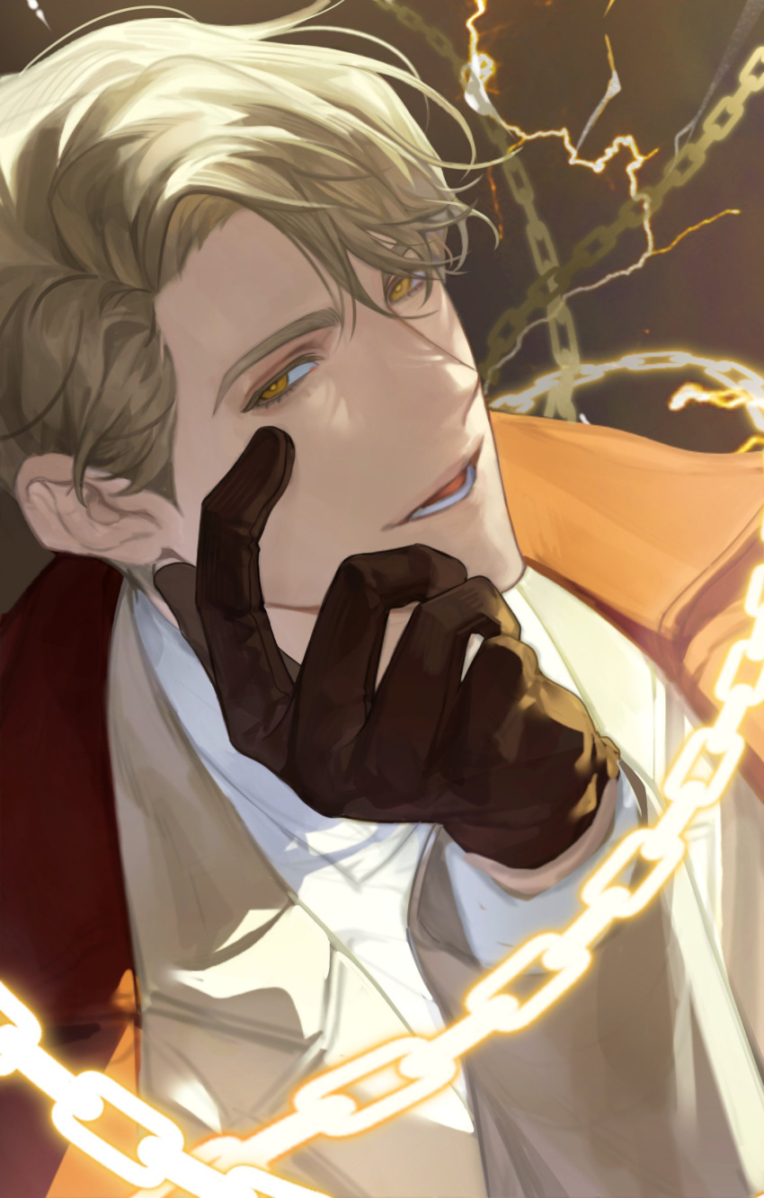 1boy :d bab_du_666 black_gloves blonde_hair chain coat curtained_hair gloves hand_up highres lee_hakhyun lightning male_focus omniscient_reader's_viewpoint shirt short_hair smile solo upper_body white_shirt yellow_coat yellow_eyes