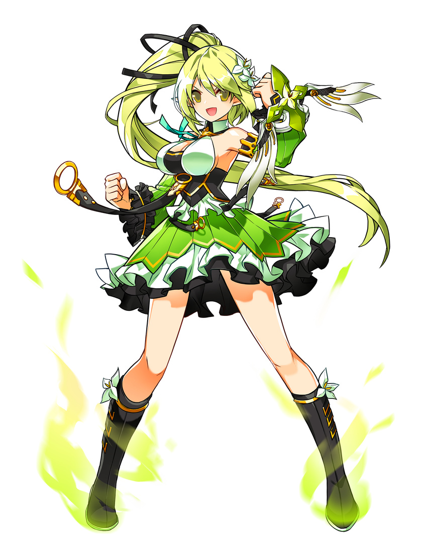 :d armpits black_footwear black_ribbon boots buckle clenched_hand detached_sleeves elsword full_body green_eyes green_hair green_skirt green_sleeves hair_ribbon highres knee_boots long_hair looking_at_viewer official_art open_mouth pointy_ears ponytail rena_(elsword) ress ribbon skirt smile solo standing transparent_background wind_sneaker_(elsword)