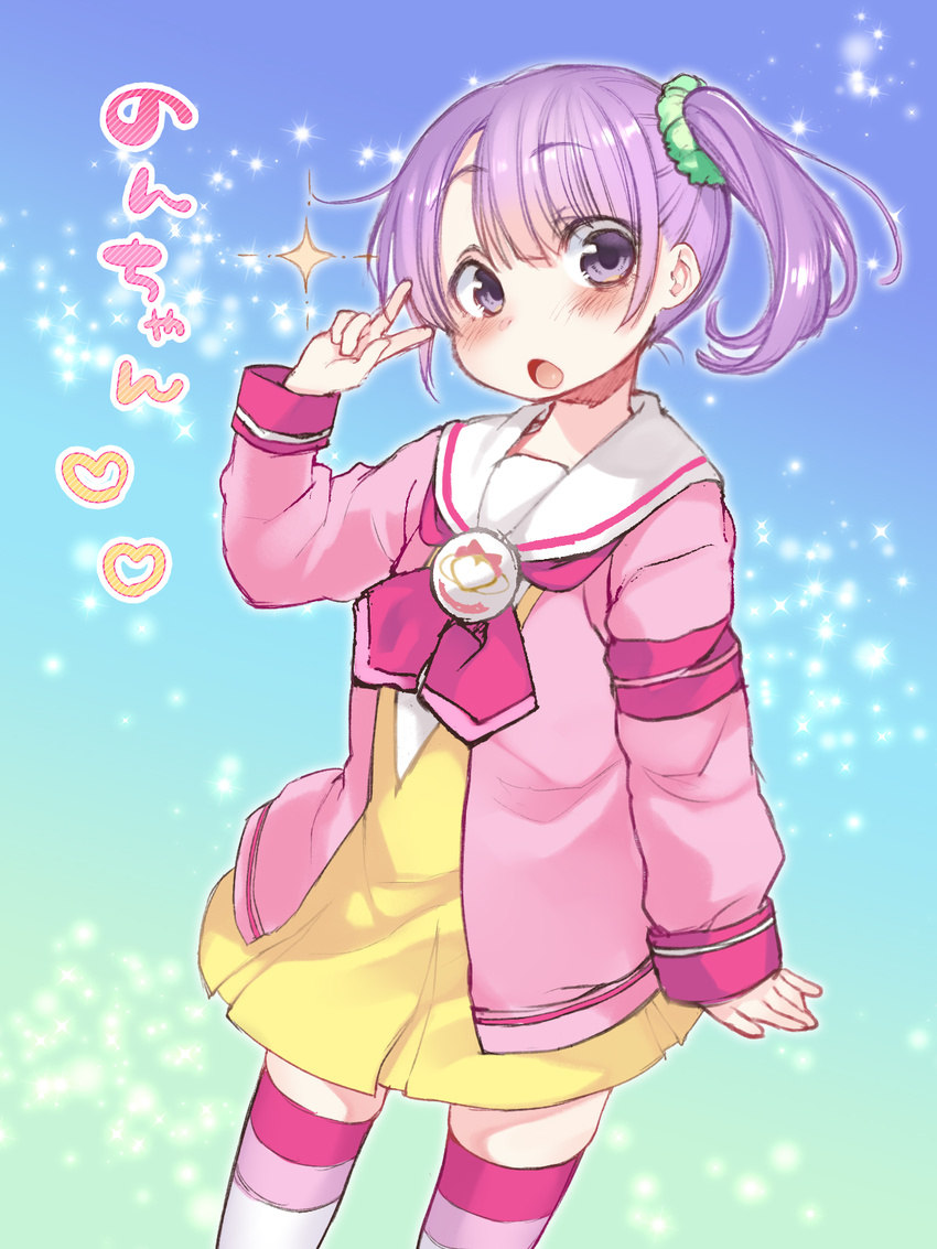 :o bangs collared_jacket dancho_(dancyo) dress eyebrows_visible_through_hair green_scrunchie hair_ornament hair_scrunchie head_tilt heart highres jacket long_sleeves looking_at_viewer manaka_non open_mouth pink_jacket pink_neckwear pleated_dress pretty_(series) pripara purple_eyes purple_hair school_uniform scrunchie side_ponytail sleeves_past_wrists solo sparkle striped striped_legwear thighhighs translated v yellow_dress