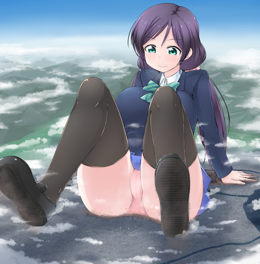 1girl blazer bow bowtie breasts cameltoe city cloud crushing giantess green_eyes hair_bow hair_ornament hair_scrunchie hands_on_ground highres jacket large_breasts legs_up long_hair looking_down love_live! love_live!_school_idol_project mountain otonokizaka_school_uniform panties pantyshot pantyshot_(sitting) pink_panties pink_scrunchie plaid plaid_skirt pleated_skirt purple_hair school_uniform scrunchie shoes sitting skirt sky smile solo striped striped_neckwear terada_ochiko thighhighs toujou_nozomi twintails underwear