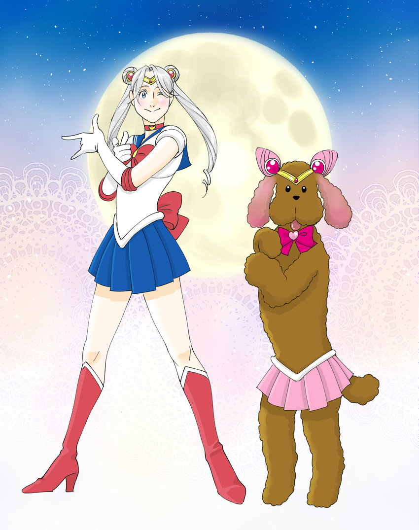 ;) bishoujo_senshi_sailor_moon blue_eyes boots bow cosplay crossdressing dog double_bun elbow_gloves full_moon gloves high_heel_boots high_heels highres makkachin male_focus moon natsuno_(natsunosho) one_eye_closed pleated_skirt sailor_chibi_moon sailor_chibi_moon_(cosplay) sailor_collar sailor_moon sailor_moon_(cosplay) sailor_senshi_uniform silver_hair skirt smile tsuki_ni_kawatte_oshioki_yo twintails viktor_nikiforov yuri!!!_on_ice