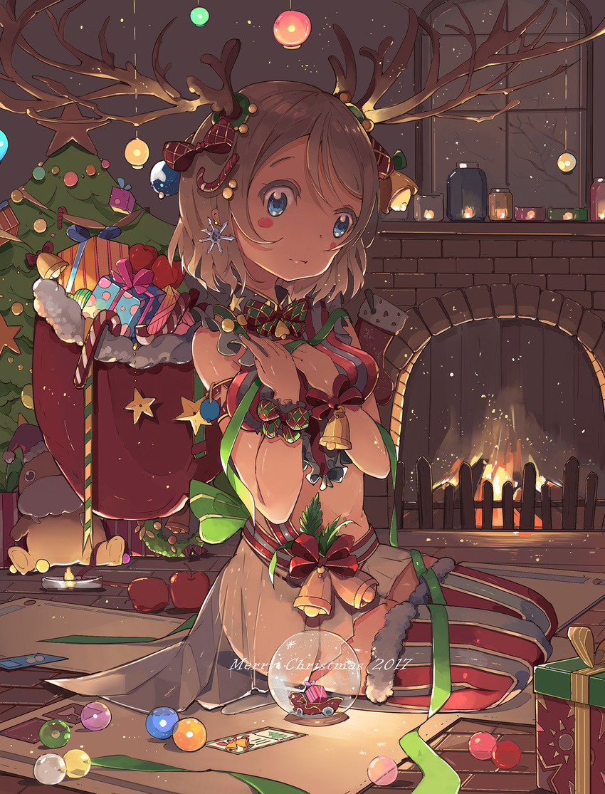 antlers blue_eyes blush_stickers box brown_hair christmas_tree fire fireplace fur_trim gift gift_box highres looking_at_viewer love_live! love_live!_sunshine!! qianqian ribbon sack see-through seiza short_hair sitting solo thighhighs watanabe_you window wrist_cuffs