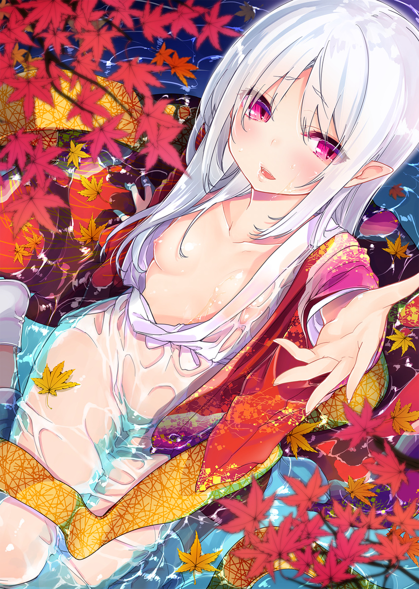 arm_support autumn_leaves azuma_sawayoshi blush breasts collarbone dutch_angle eyebrows_visible_through_hair fangs from_above highres japanese_clothes kimono leaf long_hair looking_at_viewer maple_leaf nipples obi open_clothes open_mouth original outstretched_arm partially_submerged pointy_ears red_eyes sash see-through silver_hair sitting small_breasts solo tabi water wet wet_clothes yokozuwari