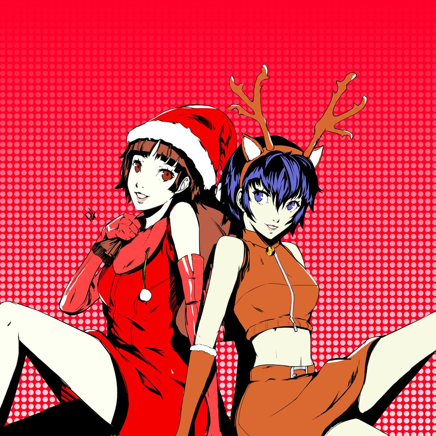 animal_costume animal_ears bare_shoulders blue_eyes blue_hair brown_hair commentary dh_(brink_of_memories) elbow_gloves english_commentary flat_color fur-trimmed_hat gloves hair_between_eyes highres looking_at_viewer midriff multiple_girls navel neck_bell niijima_makoto persona persona_4 persona_5 polka_dot polka_dot_background red_eyes reindeer_costume reindeer_ears sack santa_costume shirogane_naoto short_hair thighs