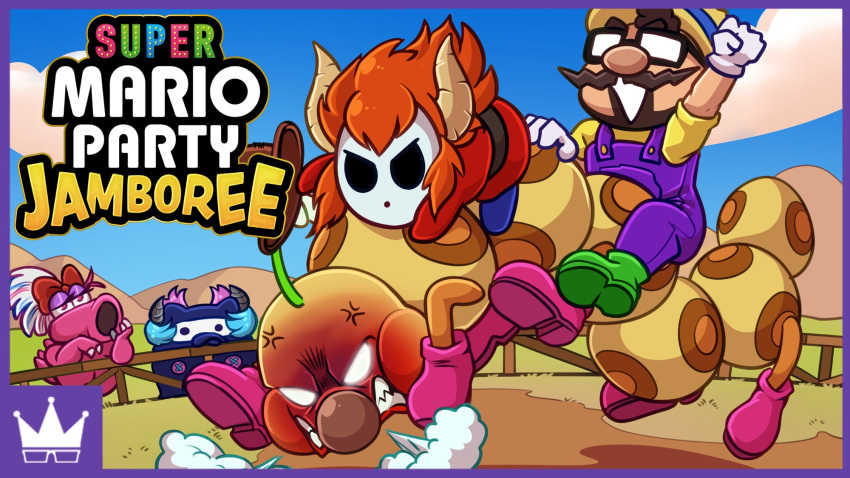 16:9 2025 2_horns ambiguous_gender angry anthro arms_bent beard belt bent_leg big_nose birdo black_belt black_eyewear black_glasses black_horn blue_bodysuit blue_clothing blue_footwear blue_hair blue_highlights blue_shoes blue_skinsuit blue_sky bodysuit border breath brown_beard brown_clothing brown_eyebrows brown_facial_hair brown_hair brown_hat brown_headwear brown_horn brown_nose brown_spots button_(fastener) claw_fingers claws clenched_teeth clothed clothed_female clothed_human clothed_male clothing cloud colored cosplay cross-popping_vein day digital_drawing_(artwork) digital_media_(artwork) dot_eyes empty_eyes english_description english_text eyebrows eyelashes eyewear facial_hair fefe_(vtuber) female fence feral fist footwear fream fully_clothed fully_clothed_human fully_clothed_male furrowed_brow furrowed_eyebrows fusion gaelfox glasses glowing glowing_eyes grass green_clothing green_footwear green_shoes group hair hat headgear headwear hi_res highlights_(coloring) horn human leaning_on_fence light lighting logo looking_at_another lying male mammal mario_bros mario_party_(series) markings midair mountain_range multicolored_body multicolored_hair multicolored_skin ninji_(mario) nintendo on_front outside overalls pink_body pink_eyes pink_skin pink_tail plant ponytail purple_border purple_clothing purple_eyelids purple_footwear purple_hair purple_overalls purple_shoes raised_fist raised_hand ray_narvaez_jr. real_world rectangular_glasses red_bow red_clothing red_robe riding robe rodeo shaded sharp_teeth shirt shoes shyguy simple_eyes skinsuit sky spots spotted_body spotted_skin standing super_mario_party_jamboree tail tan_body tan_skin teeth text tight_clothing title topwear two_tone_hair vtuber wario white_body white_claws white_hair white_mask white_mouth white_skin widescreen wiggler_(mario) yellow_body yellow_clothing yellow_hat yellow_headwear yellow_shirt yellow_skin yellow_topwear youtube_thumbnail zentreya