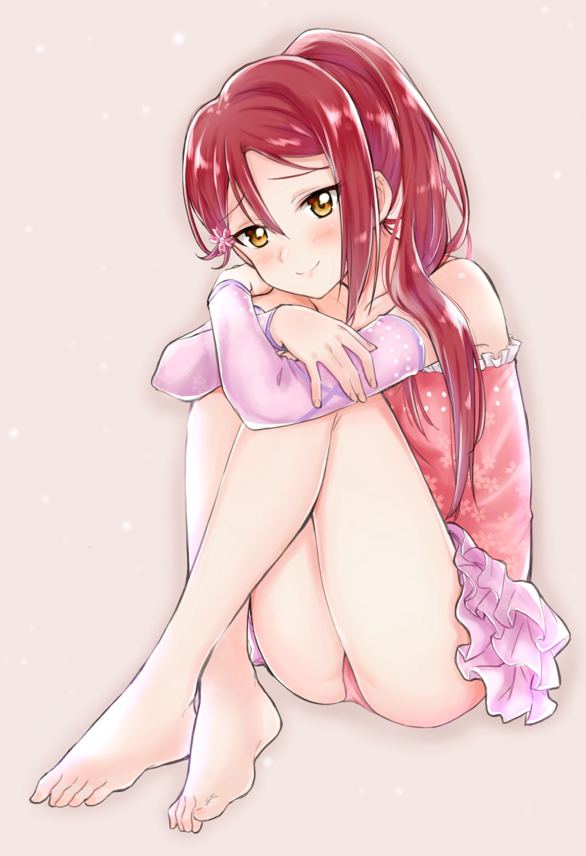 1girl absurdres arm_on_knee ass bangs bare_legs bare_shoulders barefoot blush collarbone cosplay crossed_arms detached_sleeves eyebrows_visible_through_hair feet floral_print hair_between_eyes hair_ornament hairclip highres kitaku_jikan_(ktk_jkn) knee_up legs_together lily_(shironeko_project) long_hair looking_at_viewer love_live! love_live!_sunshine!! panties pink_background pink_panties pleated_skirt red_hair sakurauchi_riko shironeko_project sidelocks simple_background sitting skirt smile solo strapless underwear yellow_eyes