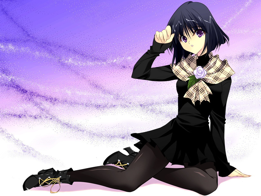 black_hair boots dress flowers kobayashi_chisato pantyhose purple_eyes rose sailor_moon scarf short_hair tomoe_hotaru