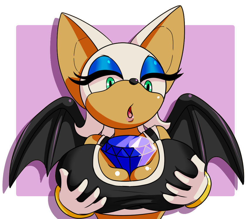 anthro bat between_breasts big_breasts breast_grab breasts bust_portrait chaos_emerald cleavage clothed clothing eyelashes eyeshadow female gem gloves hand_on_breast looking_down makeup mammal open_mouth portrait rouge_the_bat ryujisama shirt solo sonic_(series) tank_top video_games wings