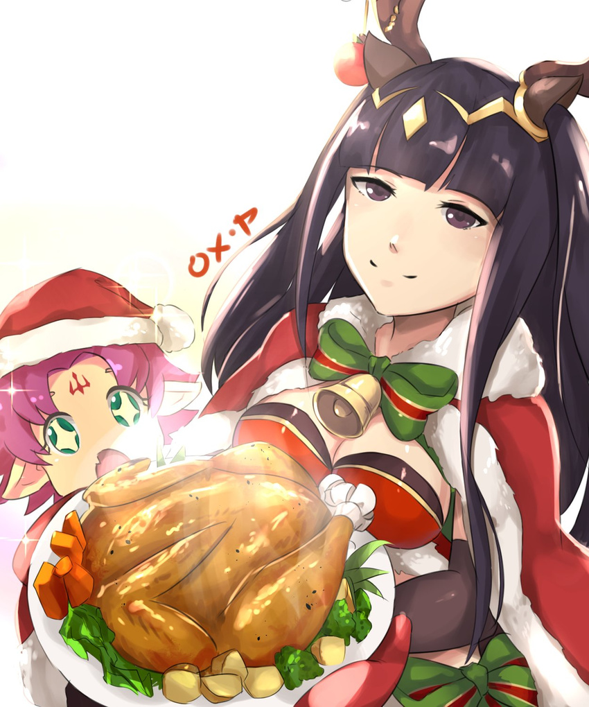 black_hair bodysuit breasts cape christmas circlet dress fa facial_mark fire_emblem fire_emblem:_fuuin_no_tsurugi fire_emblem:_kakusei fire_emblem_heroes food forehead_mark highres horns long_hair looking_at_viewer mamkute medium_breasts multiple_girls open_mouth pink_hair pointy_ears purple_hair short_hair siegzeonu simple_background smile tharja tiara turkey_(food) two_side_up white_background