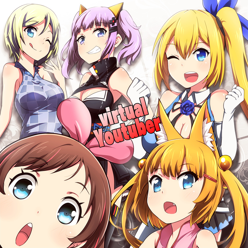 a.i._channel bangs blonde_hair blue_eyes blush bow breasts brown_hair commentary_request dennou_shoujo_youtuber_shiro eyebrows_visible_through_hair hair_bow hairband highres kaguya_luna kaguya_luna_(character) kemomimi_oukoku_kokuei_housou kizuna_ai kotori_photobomb long_hair looking_at_viewer medium_breasts mikoko_(kemomimi_oukoku_kokuei_housou) mirai_akari mirai_akari_project multicolored_hair multiple_girls one_eye_closed open_mouth parody pink_bow pink_hair shiro_(dennou_shoujo_youtuber_shiro) smile tom_(drpow) twintails virtual_youtuber