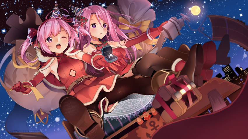 ;o ahoge azur_lane bare_shoulders black_legwear breasts brown_footwear byte_(allbyte) dress elbow_gloves gloves gusset hair_ribbon highres jewelry large_breasts lexington_(azur_lane) long_hair looking_at_viewer moon multiple_girls night night_sky one_eye_closed pantyhose pink_hair purple_eyes red_dress red_gloves red_ribbon ribbed_dress ribbon ring santa_costume saratoga_(azur_lane) sky sleigh smile thighhighs twintails wedding_ring