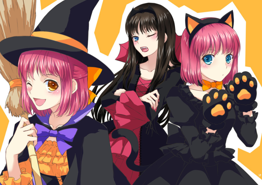 3girls alternate_costume animal_ears animal_hands black_dress black_hair black_shirt blush broom dress fake_animal_ears gloves green_eyes hair_ornament halloween halloween_costume hisui_(tsukihime) kohaku_(tsukihime) lo_lis multiple_girls one_eye_closed orange_background paw_gloves red_hair red_shirt shirt siblings sisters tohno_akiha tsukihime twins vampire_costume witch yellow_eyes