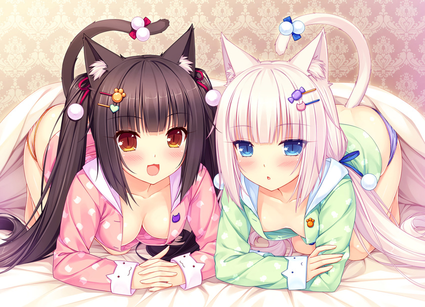 :&lt; :3 :d animal_ears animal_print bangs black_hair blue_eyes blunt_bangs blush breasts brown_eyes cat_ears cat_print cat_tail chestnut_mouth chocola_(sayori) collarbone dimples_of_venus downblouse hair_ornament hair_ribbon hairclip hands_clasped hanging_breasts highres long_hair looking_at_viewer multiple_girls nekopara no_bra no_pants non-web_source open_mouth orange_panties own_hands_together pajamas panties pink_hair print_pajamas purple_panties ribbon sayori slit_pupils small_breasts smile striped striped_panties tail tail_ornament tail_ribbon twintails underwear vanilla_(sayori)