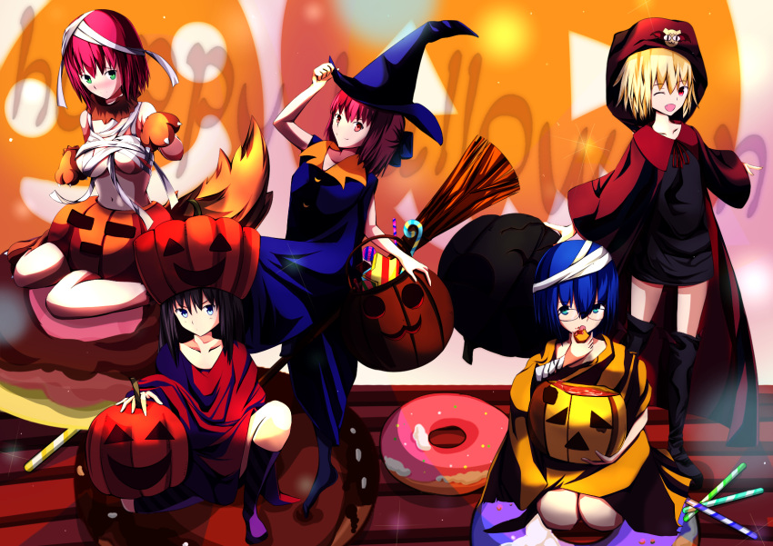 5girls alternate_costume arcueid_brunestud black_dress blonde_hair blue_dress ciel_(tsukihime) donut dress duster food fruit_punch_(drink) green_eyes halloween halloween_bucket halloween_costume happy_halloween hat highres hisui_(tsukihime) jack-o'-lantern kishishi_(kishiman-ya) kohaku_(tsukihime) multiple_girls mummy_costume neco-arc neco_spirit pumpkin pumpkin_hat pumpkin_skirt red_dress red_eyes red_hair short_hair short_sleeves siblings sisters tohno_akiha tsukihime tsukihime_(remake) twins vampire witch witch_hat