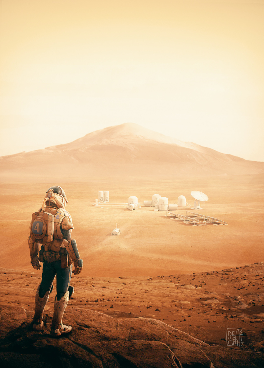 astronaut backpack bag boots commentary contrapposto dated dofresh facing_away from_behind gloves helmet highres landscape mars_(planet) md5_mismatch mission_mars mountain outdoors pants radio_antenna satellite_dish scenery science_fiction signature solo standing valley