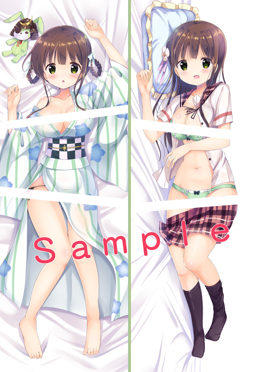 :d :o armor bangs bed_sheet black_panties blouse blunt_bangs blush bow bow_bra bow_panties bra breasts brown_hair censored cleavage collarbone commentary_request eyebrows_visible_through_hair floral_print flower frilled_pillow frills gochuumon_wa_usagi_desu_ka? green_bra green_eyes green_panties hair_bow hair_flower hair_ornament hair_rings helmet highres hoto_cocoa's_school_uniform japanese_armor japanese_clothes kabuto kimono kurou_(quadruple_zero) large_breasts long_hair long_sleeves looking_at_viewer lying navel no_bra obi off_shoulder on_back on_side open_blouse open_clothes open_mouth panties pillow pink_ribbon plaid_sailor_collar print_kimono red_sailor_collar ribbon sailor_collar sample sash short_sleeves side-tie_panties sidelocks smile solo stomach striped striped_kimono stuffed_animal stuffed_bunny stuffed_toy ujimatsu_chiya unbuttoned underwear upper_body white_blouse white_bow white_flower wide_sleeves