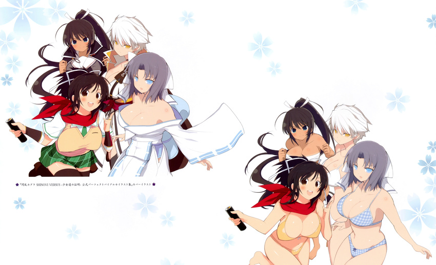 absurdres aqua_eyes arm_guards asuka_(senran_kagura) bangs bare_shoulders bikini black_hair black_legwear blue_eyes blush breasts brown_eyes cleavage collarbone dark_skin floral_background front-tie_bikini front-tie_top green_skirt grey_hair highres homura_(senran_kagura) large_breasts leg_up loafers long_hair looking_at_viewer miyabi_(senran_kagura) multiple_girls navel necktie official_art open_mouth ponytail sarashi scan school_uniform senran_kagura senran_kagura_shinovi_versus shoes short_hair short_sleeves simple_background skirt swimsuit thighhighs white_hair wide_sleeves yaegashi_nan yellow_eyes yumi_(senran_kagura) zettai_ryouiki