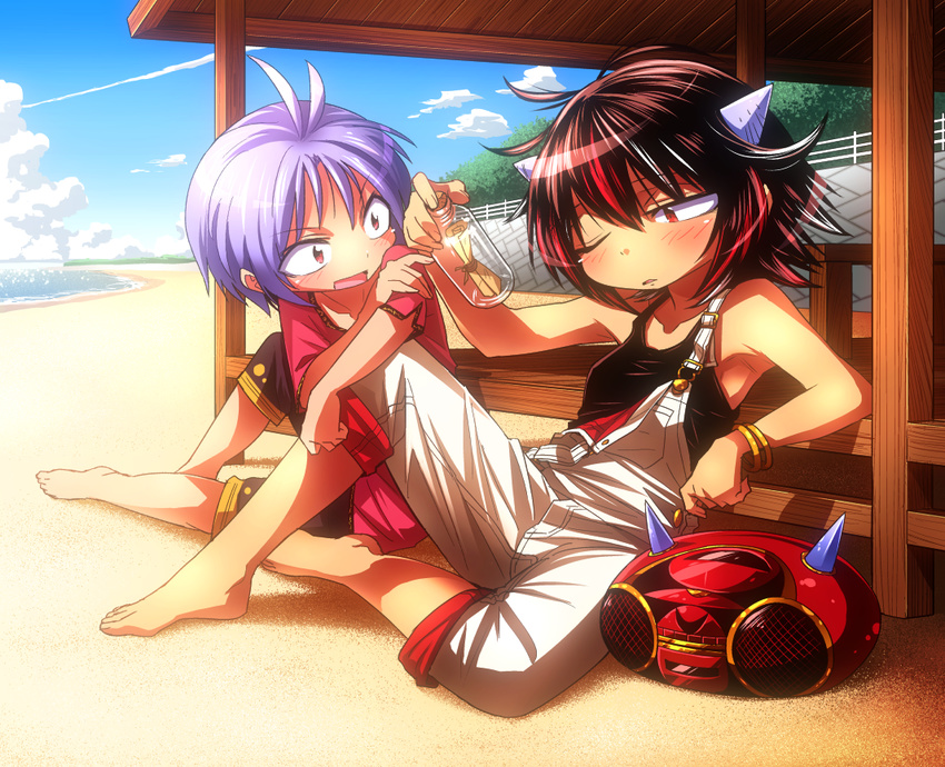 alternate_costume bare_arms beach black_hair blue_sky bottle cd_player cloud commentary_request condensation_trail day horns japanese_clothes kijin_seija kimono knee_up message_in_a_bottle multicolored_hair multiple_girls one_eye_closed outdoors overalls paper purple_hair red_eyes red_hair sand shimizu_pem short_sleeves sky smile streaked_hair sukuna_shinmyoumaru summer touhou white_hair