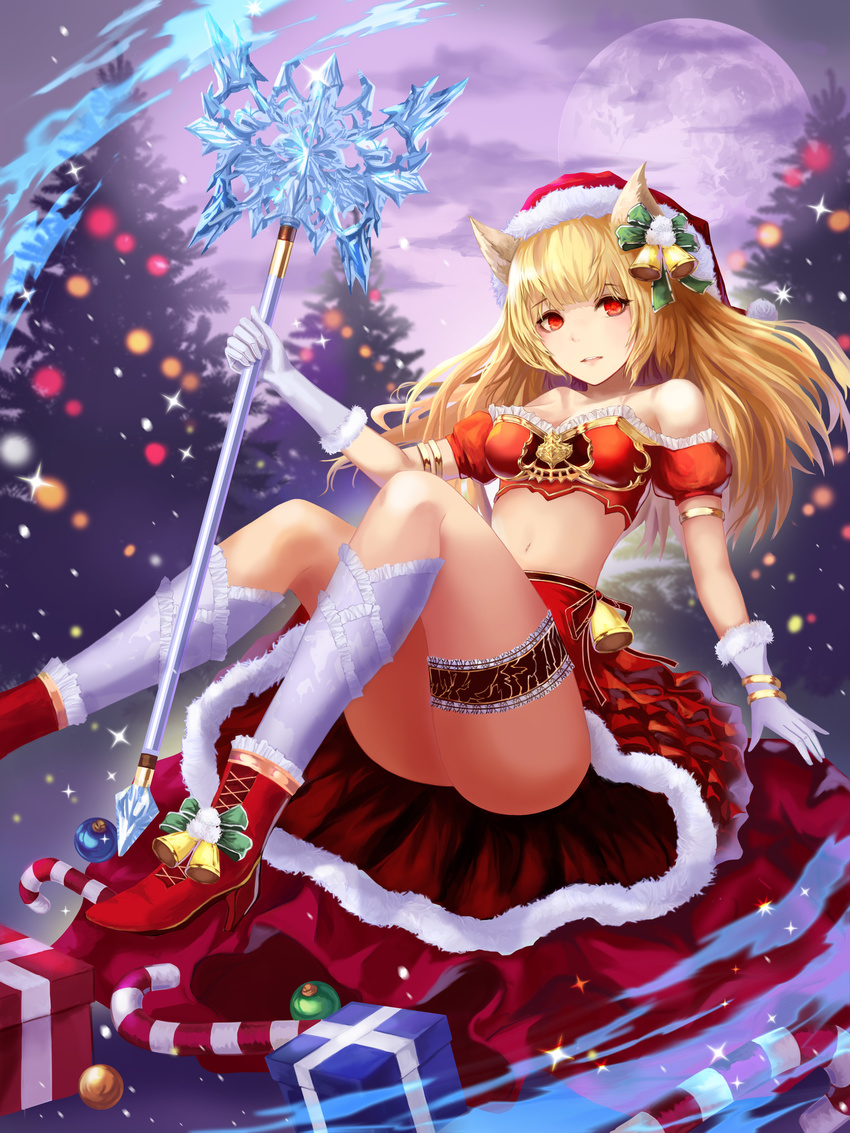 absurdres animal_ears bad_anatomy bare_shoulders bell blonde_hair boots bracelet candy candy_cane christmas christmas_tree dew_(7302235) food foot_out_of_frame gift gloves hair_bell hair_ornament hat highres jewelry kneehighs long_hair looking_at_viewer midriff moon navel original ornament outdoors purple_sky red_eyes red_footwear rod santa_costume santa_hat sitting snowing thigh_strap white_gloves white_legwear