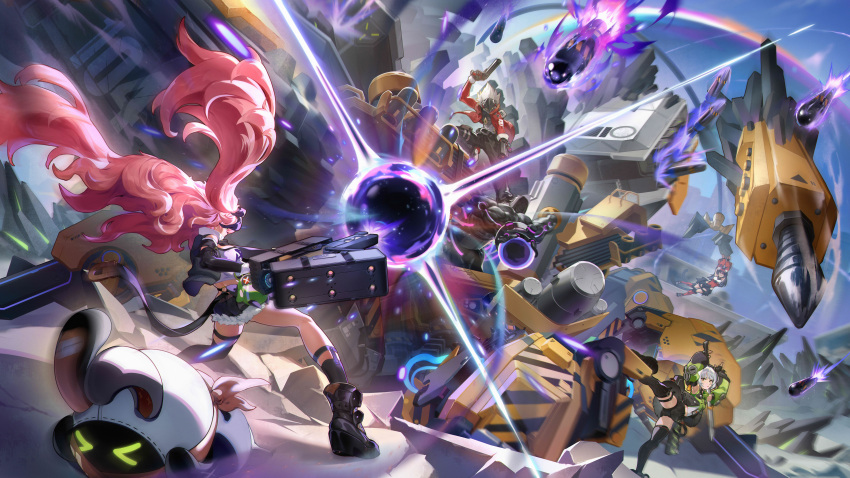 1boy 1other 3girls absurdres anby_demara animal_ear_fluff animal_ears armpits bangboo_(zenless_zone_zero) belt belted_skirt billy_kid black_boots black_pants black_ribbon black_shorts black_thighhighs boots breasts briefcase burger cat_ears cat_girl cat_tail clothing_cutout corset crop_top cutoffs cyborg drill dual_wielding earrings eous_(zenless_zone_zero) ethereal_(zenless_zone_zero) fingerless_gloves firing food from_behind giant giant_monster gloves green_jacket green_sleeves grey_hair gun hair_ornament hair_ribbon hairband hairclip headphones heart heart_earrings hiding hiding_behind_another highres holding holding_behind_back holding_gun holding_weapon holding_weapon_behind_back hollow_(zenless_zone_zero) humanoid_robot jacket jewelry long_hair lying mechanical_tail micro_shorts multicolored_sleeves multiple_girls nekomiya_mana nicole_demara on_stomach open_mouth orange_eyes pants pink_hair pouch qian_fan_kui red_corset red_hairband red_jacket red_sleeves ribbon robot robot_boy ruins shorts shoulder_cutout single_thighhigh sleeveless sleeveless_jacket spiked_hair spiked_jacket spread_legs strapless tail thigh_pouch thighhighs tube_top twintails two_side_up weapon white_hair white_tube_top zenless_zone_zero